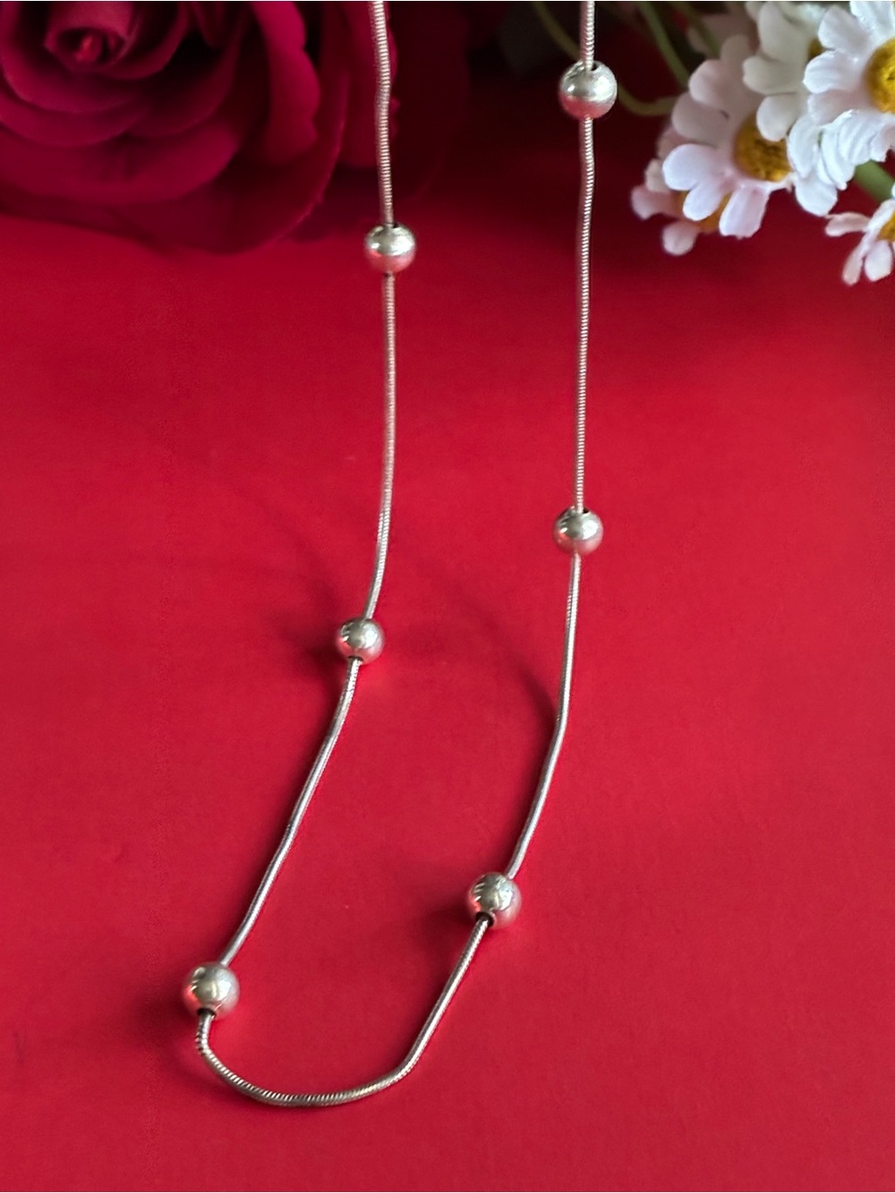 925 Silver Bead Station Necklace - Women’s Silver Necklace 18” adjustable